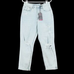 NOBO‎ Women's Distressed Buttons Blue Jeans Sz 11 Relaxed High Rise Straight NWT